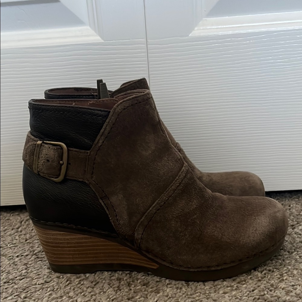 Dansko Brown and Black Ankle Booties with Wedge Heel